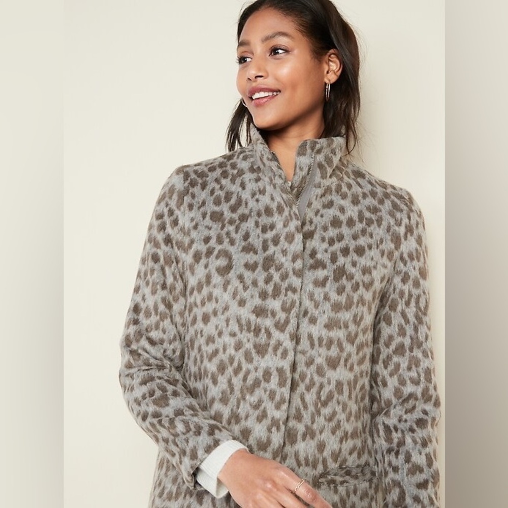 Old Navy Relaxed Soft Brushed truffle Leopard Print Women's wool blend Pea Coat - Picture 4 of 9
